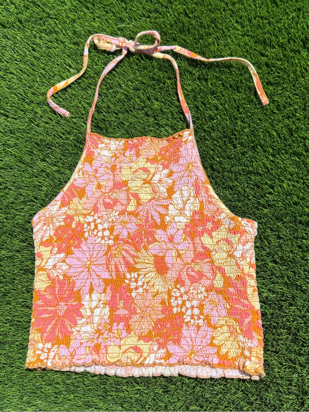 Billabong Smocked Floral Halter Crop Top in Orange, Pink & Yellow